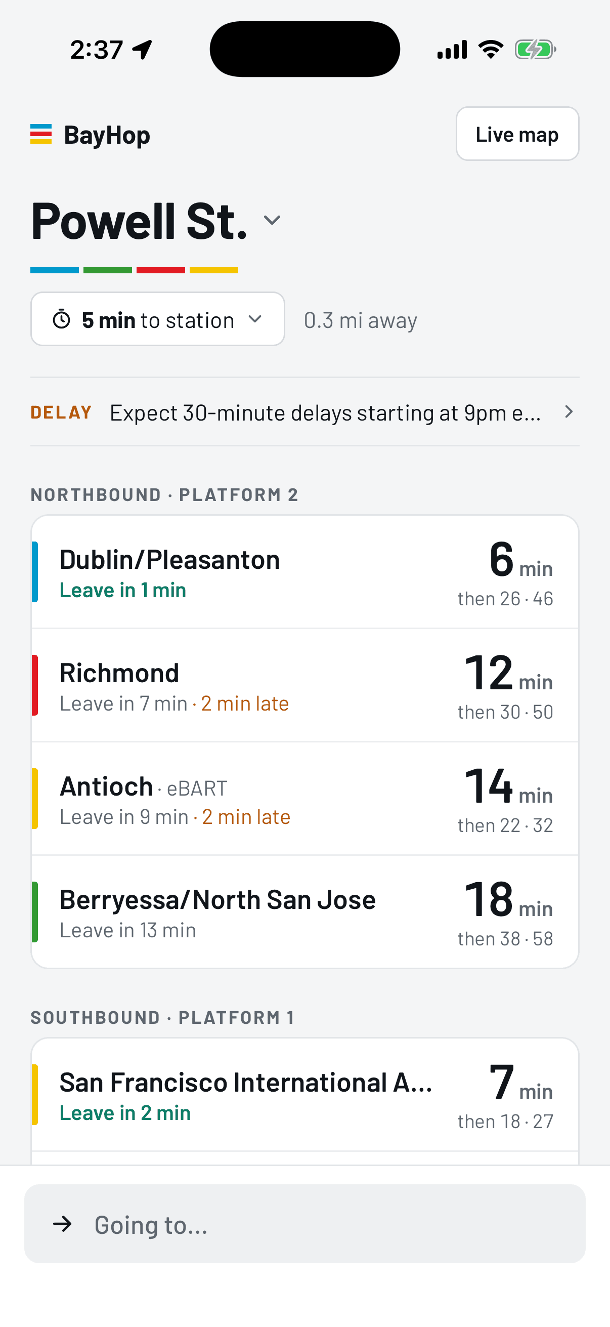 Next trains at Powell St., with minutes until each departure