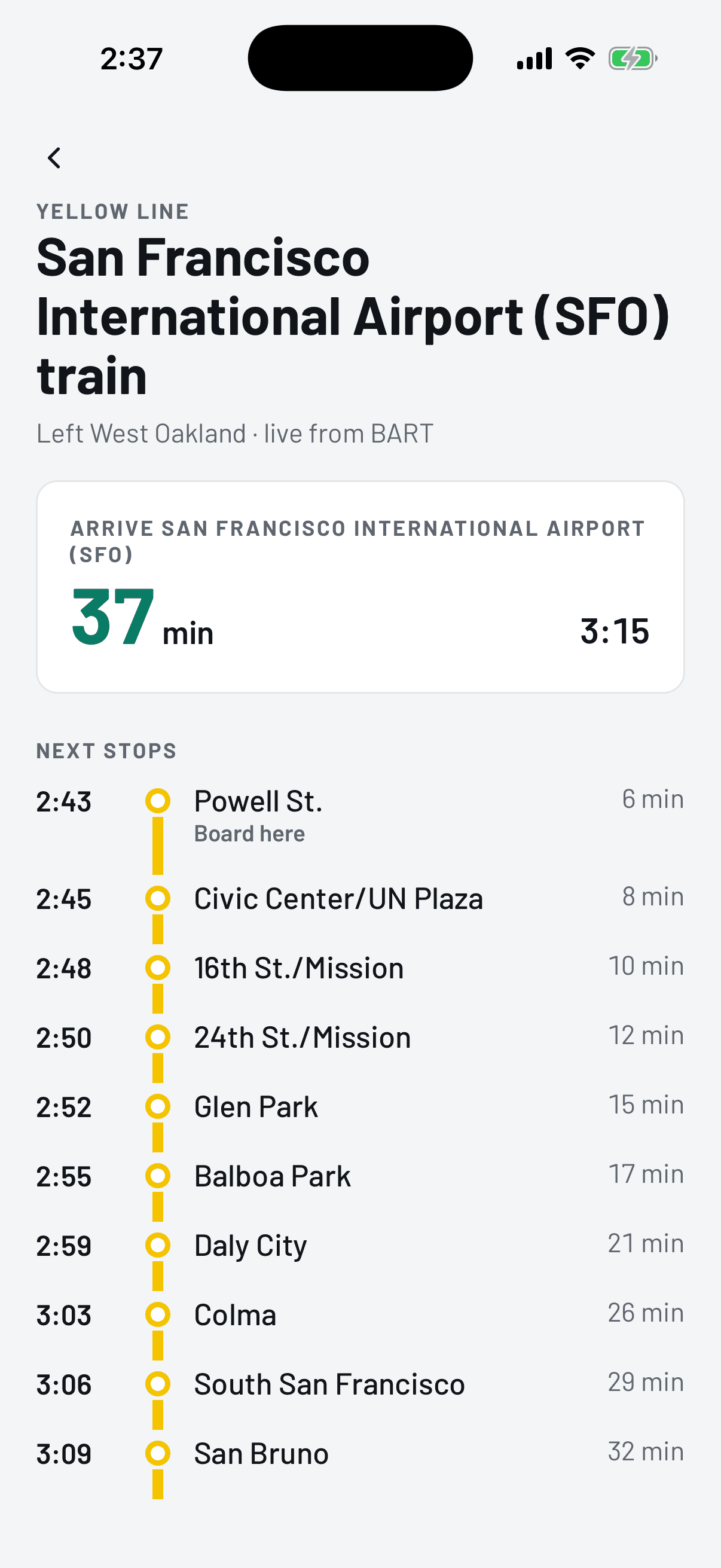 A train's upcoming stops with arrival times