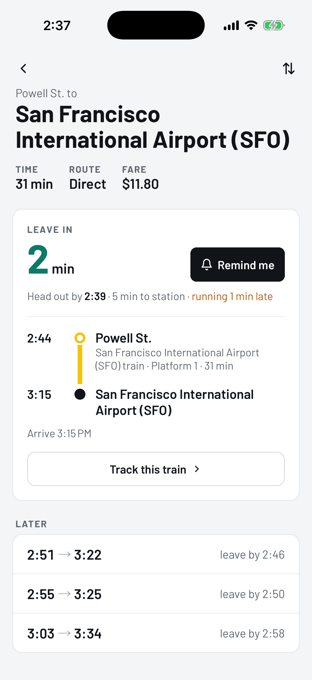 Trip from Powell St. with a countdown to when to leave